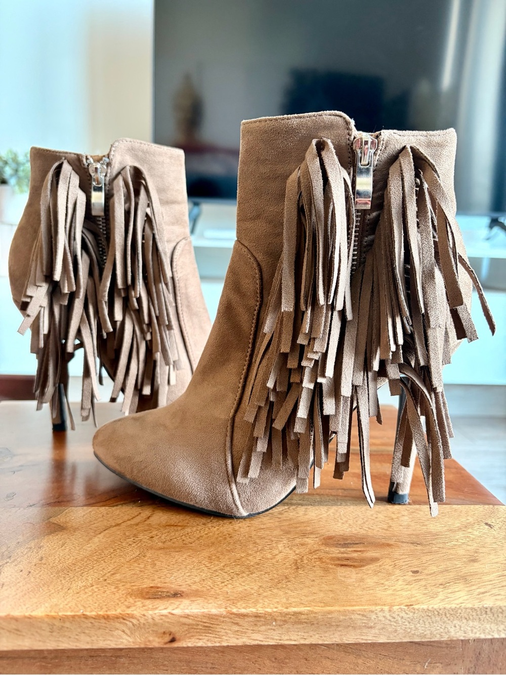 Fringe Suede Ankle Boots - Taupe